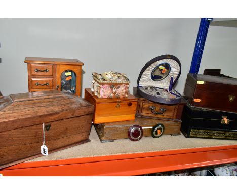 A GROUP OF WOODEN AND OTHER BOXES, to include a tea caddy of sarcophagus form with ring handles, containing a ceramic mixing 