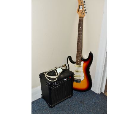 AN EXTREME LEFT HANDED ELECTRIC GUITAR WITH WATSON XL10 AMPLIFIER, the guitar having a sunburst finish body and white peck gu