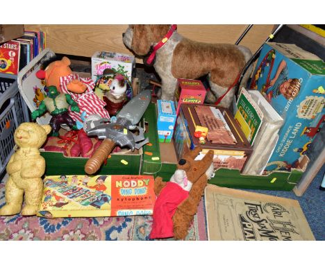 TWO BOXES OF GAMES, TOYS AND GAMES TABLE, to include a pedestal games table with chess, playing cards, back gammon, a 1960's 