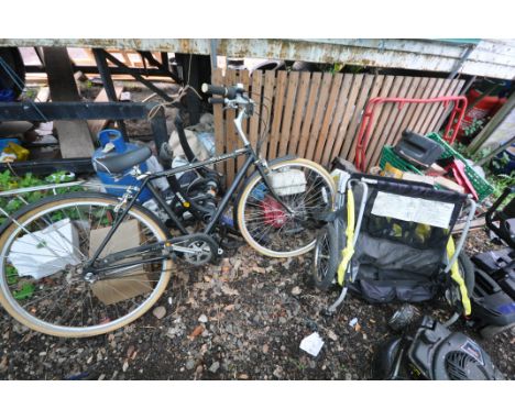 A SCHWINN COFFEE BICYCLE with 3 speed Nexus gears, 19in frame along with a pull along child seat/trailer and a Saris bike rac