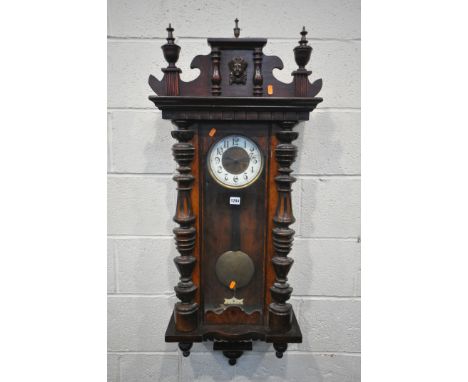 A 19TH CENTURY WALNUT VIENNA CLOCK, with Arabic numerals, height 116cm (winding key and pendulum)