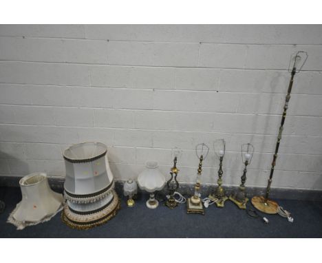 A SELECTION OF BRASS AND ONYX LIGHTING, to include a standard lamp (loose bolt) a pair of pineapple shaped table lamps (loose