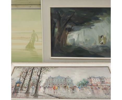 Aklop, 20th century abstract landscape, oil on canvas, 66 x 86cm, together with continental school, Parisian scene, oil on ca