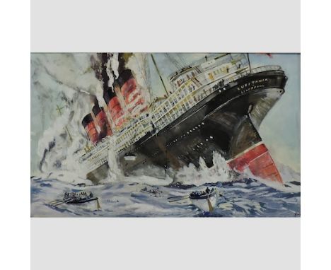 R. Mortimer, 20th century, the sinking of the RMS Lusitania, signed with monogram, watercolour, 19 x 30cm, unframed