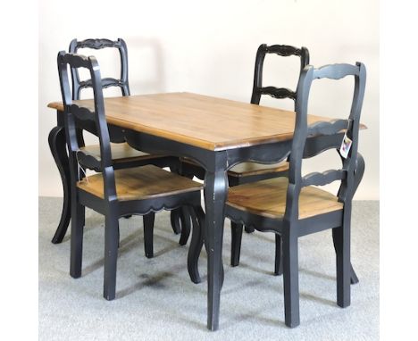 A grey painted and hardwood kitchen table, on cabriole legs, 140 x 190cm, together with four ladder back chairs