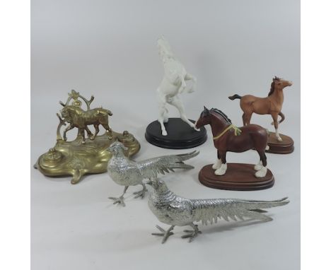 A Royal Doulton model of a rearing horse, 29cm tall, together with a brass inkwell, and other figures