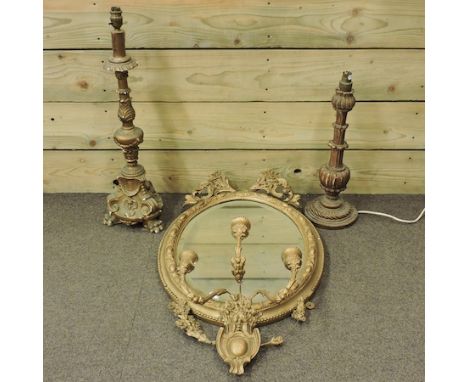 A gilt painted table lamp, 62cm tall, together with another smaller and a gilt framed girandole