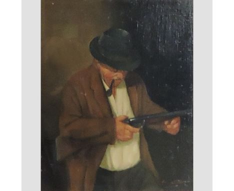 R. Criscuolo, sportsman loading his gun, signed oil on panel, 30 x 24cm