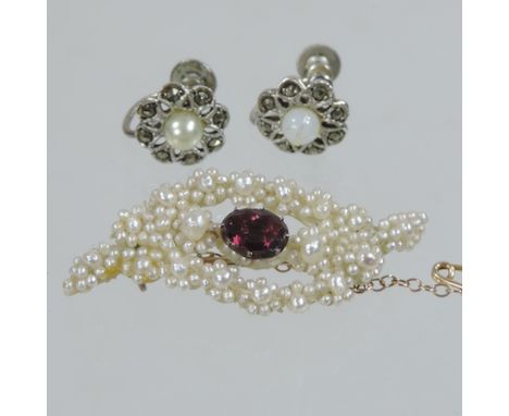 A pair of pearl earrings, together with a Georgian seed pearl brooch