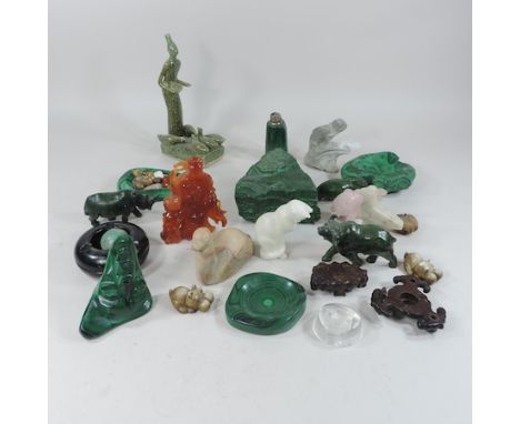 A collection of malachite items, to include a table lighter, together with various hardstone models of animals