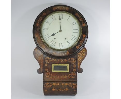 A 19th century walnut and floral marquetry drop dial wall clock, 70cm tall