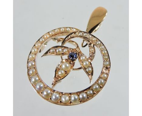 A rose gold split pearl and sapphire pendant, of circular shape, 2.5cm diameter