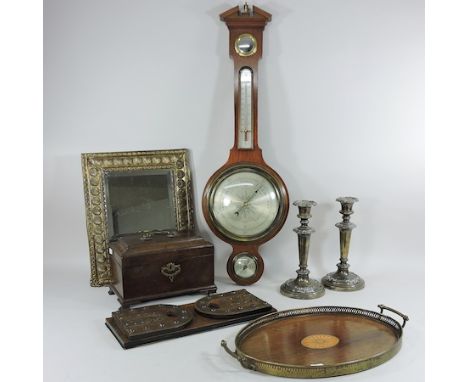 A 19th century oak tea caddy, 25cm, together with a brass mounted book slide, a pair of silver plated candlesticks, an inlaid