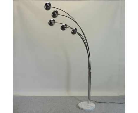 A chrome five branch standard lamp, on a marble base, 213cm tall