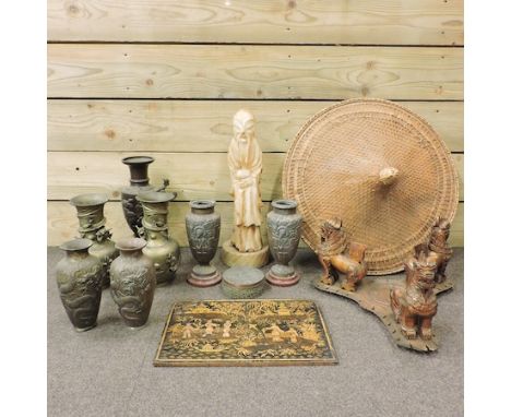 A Chinese straw hat, 51cm diameter, together with a figural lamp base, a collection of Chinese metal vases and a gilt painted