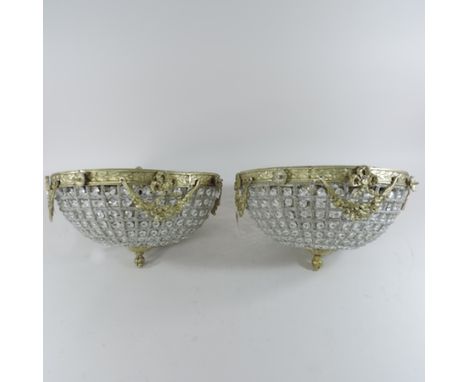 A pair of decorative gilt metal mounted glass up-lighter chandeliers, 40cm diameter