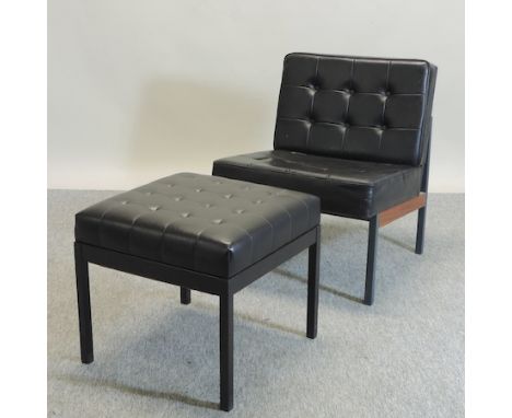 A 1970's black painted metal and upholstered button back chair, together with a matching footstool/valet stand, 48cm