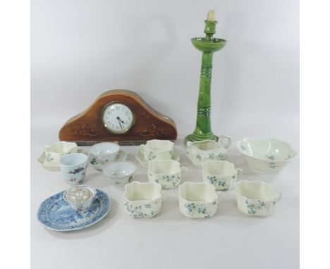 A collection of china, to include a Castle Hedingham candlestick, 46cm tall, together with a mantle clock