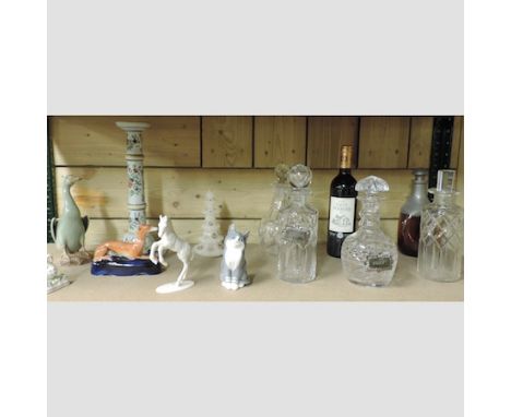 A Royal Copenhagen model of a cat, 14cm tall, together with a Staffordshire and other China, glass decanters and a bottle of 