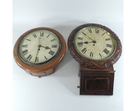 A 19th century carved walnut drop dial wall clock, 57cm tall, together with a dial clock
