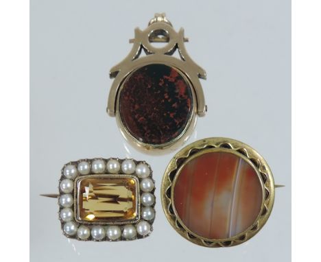 A 9 carat gold and hardstone seal, together with a similar brooch and a seed pearl brooch