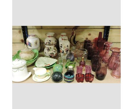 A collection of coloured glass, vases and paperweights, together with a collection of china to include a Worcester blush ivor