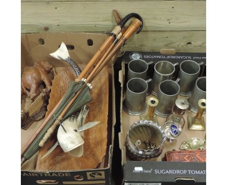 Two boxes of items to include pewter tankards, walking sticks, and a horn model of a fish 