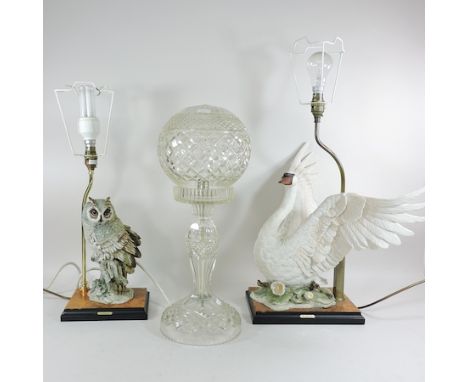 A table lamp in the form of a swan, by G. Armani, 43cm tall overall, together with another in the form of an owl and a glass 