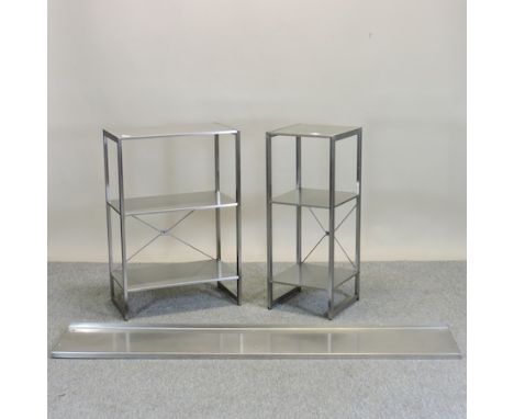 A stainless steel three tier stand 60cm, together with another smaller and a stainless steel shelf 