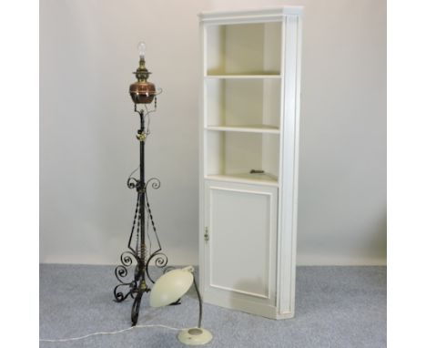 A white painted corner cabinet, together with a wrought iron standard lamp and a 1950's table lamp, 43cm tall 