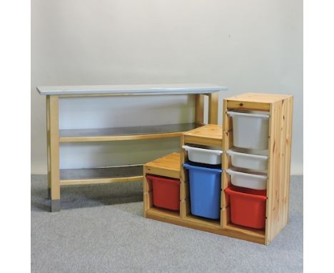 A steel and beech side table, 146cm, together with a pine storage shelf