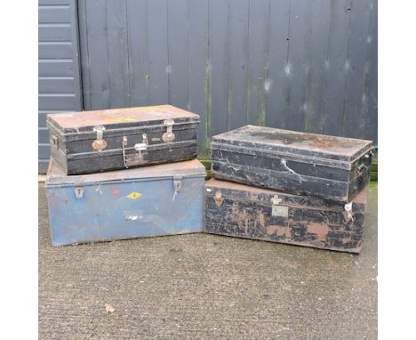 A blue painted tin trunk, 90cm, together with three black painted tin trunks (4) 