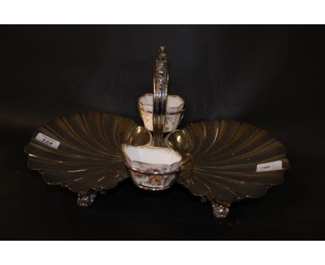 Doulton Burslem and Walker and Hall silver-plated shell-form strawberry dish with ceramic cream jug and sugar basin