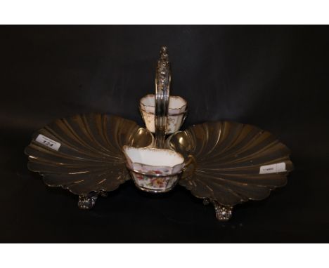 Doulton Burslem and Walker and Hall silver-plated shell-form strawberry dish with ceramic cream jug and sugar basin