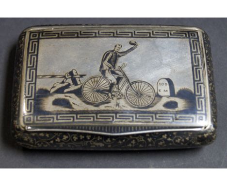 Continental silver cigarette case, niello enamelled detail with cyclist at 100km, Grecian Key and floral pattern. Weight appr