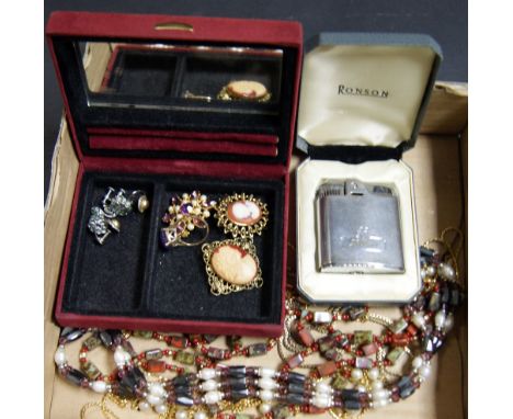 Tray lot of assorted ladies' costume jewellery, plus a cased Ronson lighter