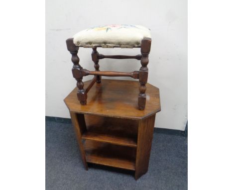 A 20th century oak octagonal three tier book table together with a beech wood tapestry upholstered dressing table stool  