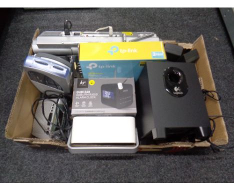 A box containing assorted electricals to include DAB radios, radio CD players, computer speakers, alarm clock etc  