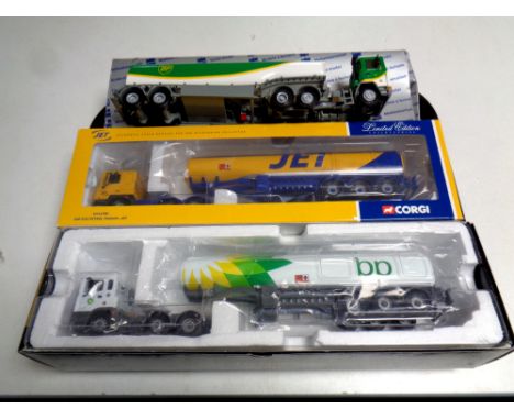 Two Corgi petrol tankers, Jet and BP, boxed, together with a further Conrad petrol tanker, BP  