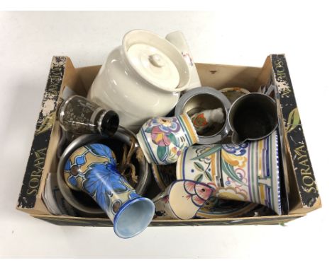 A tray containing Poole vases, chromium plated tea set, Quimper pottery wall pocket etc 