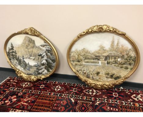 A pair of gilt framed mother of pearl collage pictures depicting Japanese landscapes (2)