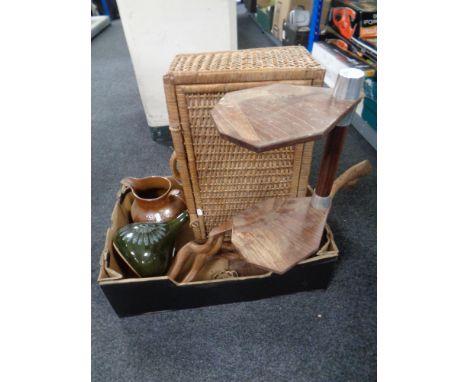 A box of vintage picnic basket, antique glazed pottery jug, Devon lotus pottery lamp base etc 