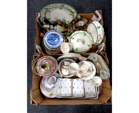 Two boxes containing assorted ceramics and glassware to include figurines, Chinese famille rose dishes, antique tea china, as