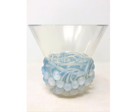 A Rene Lalique Cerises pattern opalescent glass vase, circa 1930, signed R. Lalique France to base, diameter 21.5cm, height 1