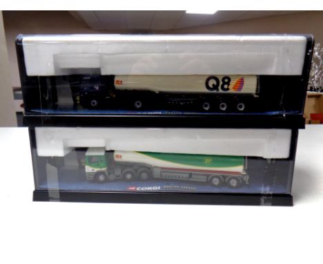 Two Corgi modern trucks, petrol tankers, Q8 and BP in display boxes  