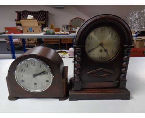 An Edwardian oak and pine mantel clock with silvered dial together with a further oak cased Art Deco mantel clock 