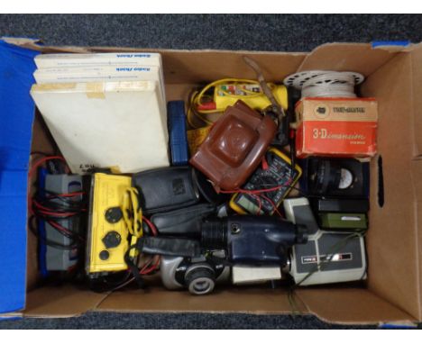 A box containing assorted cameras, compass, Bresser monocular, 3D Master Viewer, Minolta waterproof camera etc 