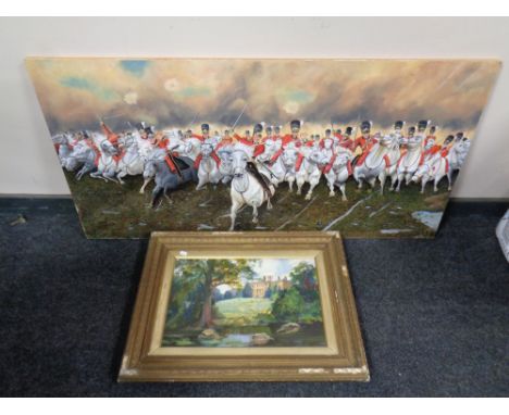 A contemporary oil on panel depicting the charge of the light brigade together with a further gilt framed oil on board depict