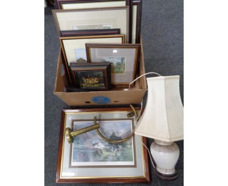 A box containing assorted framed pictures and prints to include a Judy Boyes signed print, Wall End Farm, brass wall light, c