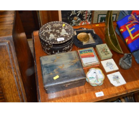 A mother of pearl inlaid circular box AF; together with a lady's purse; two oriental enamel dishes etc.